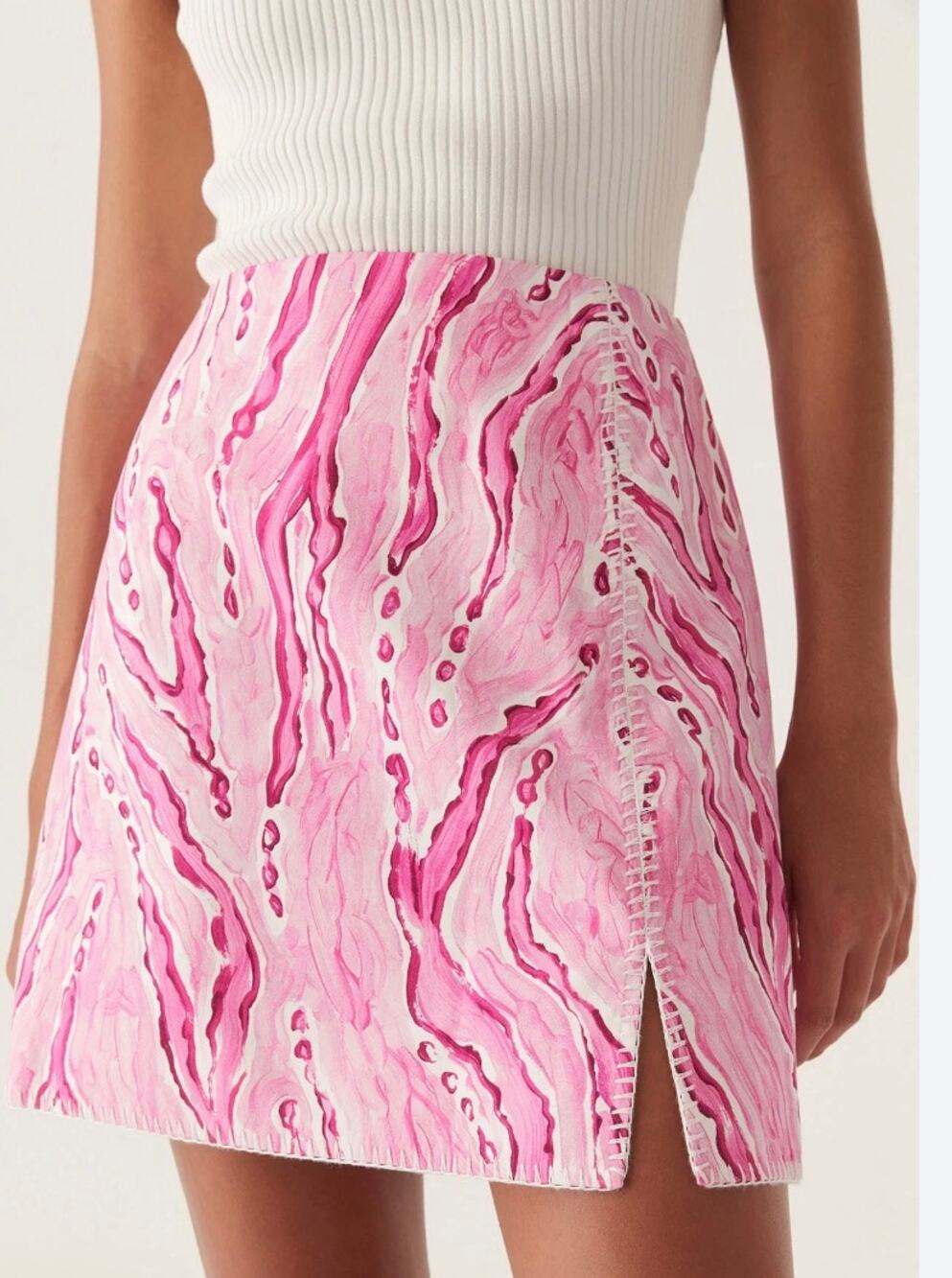 AJE Pink Abstract Print Mini Skirt Size 10 Slit Asymmetric Designer Women